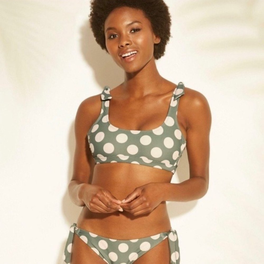 Xhilaration Polka Dot Bikini 2 Piece Olive Cream Women’s Large Shoulder Tie